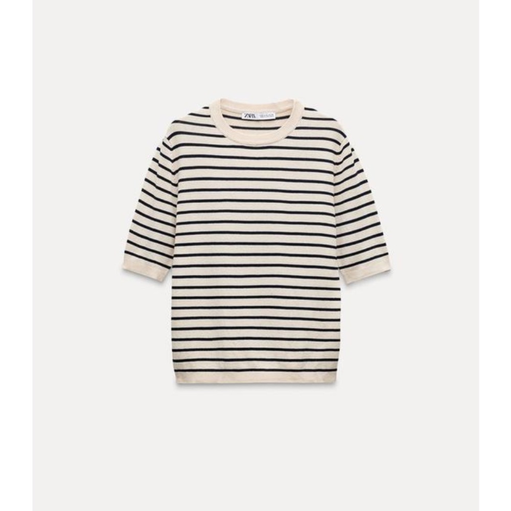 Zara Black and Cream Striped Short Sleeve Tee
